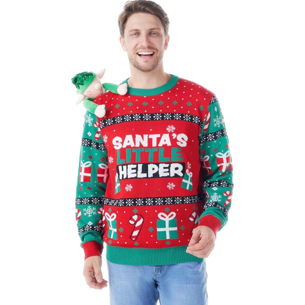 Giggling Getup Men’s XL Holiday Sweater w/ Snap-On Elf – New in Box